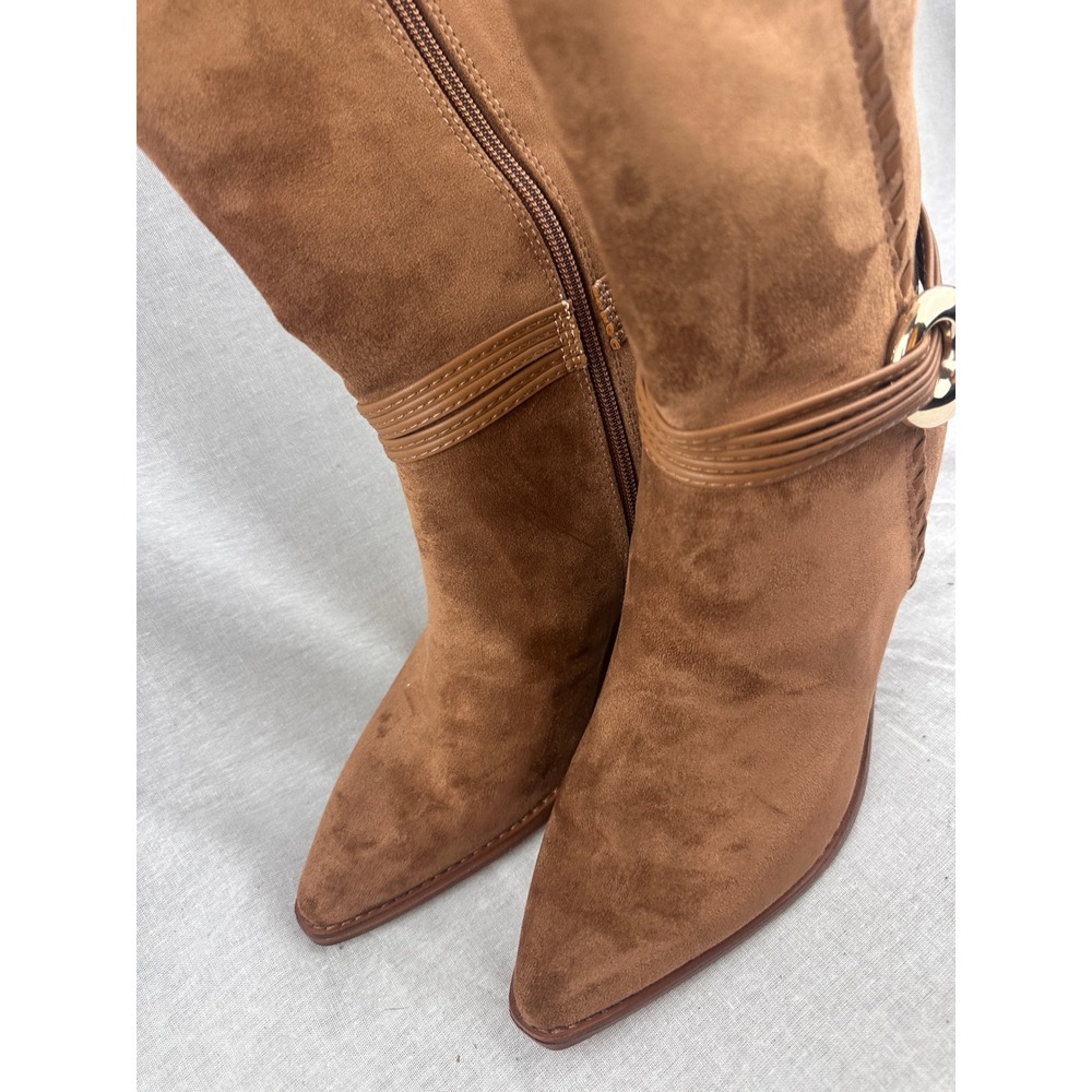 Universal Thread Womens Cognac Faux Suede Tall Boots Pointed Toe Gold Detail‎ 8 - Picture 2 of 6